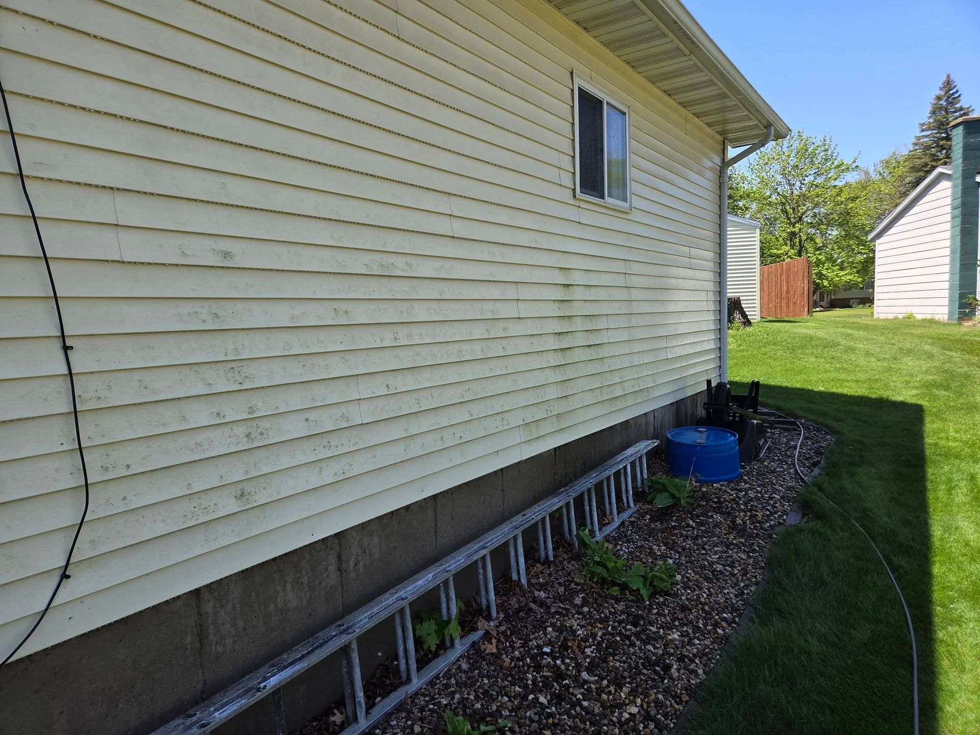 Side of a beige house with foundation venting, leaf-covered ground, and a blue bin beside the wall