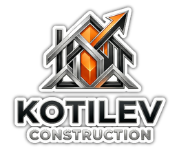 Kotilev Construction logo with metallic gray and orange geometric house icon