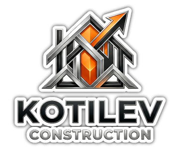 Kotilev Construction logo with metallic gray and orange geometric house icon
