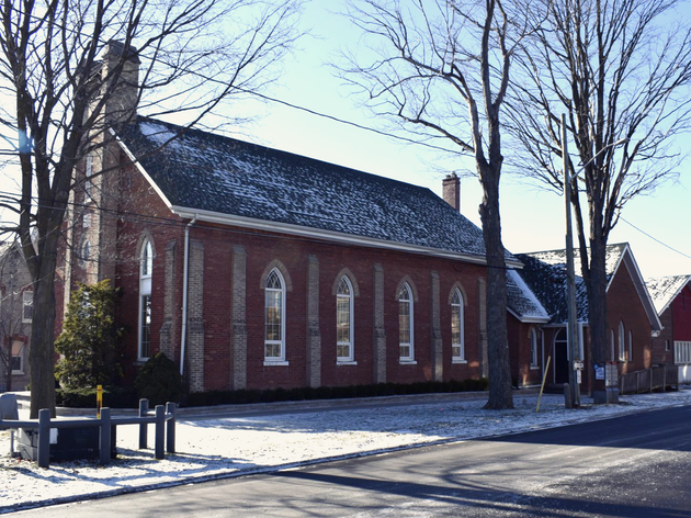 Gothic revival church with red brick exterior