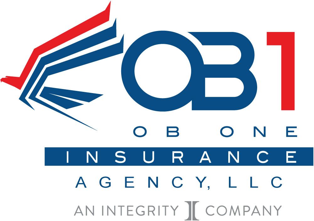 Logo of OB1 Insurance Agency, blue OB1 letters, red