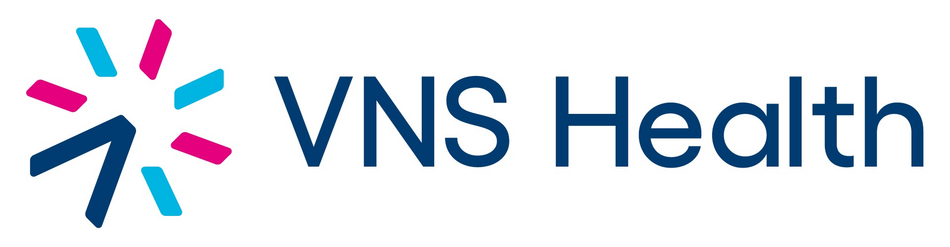 Logo for VNS Health. Contains a starburst design in blue, pink, and teal, followed by the text