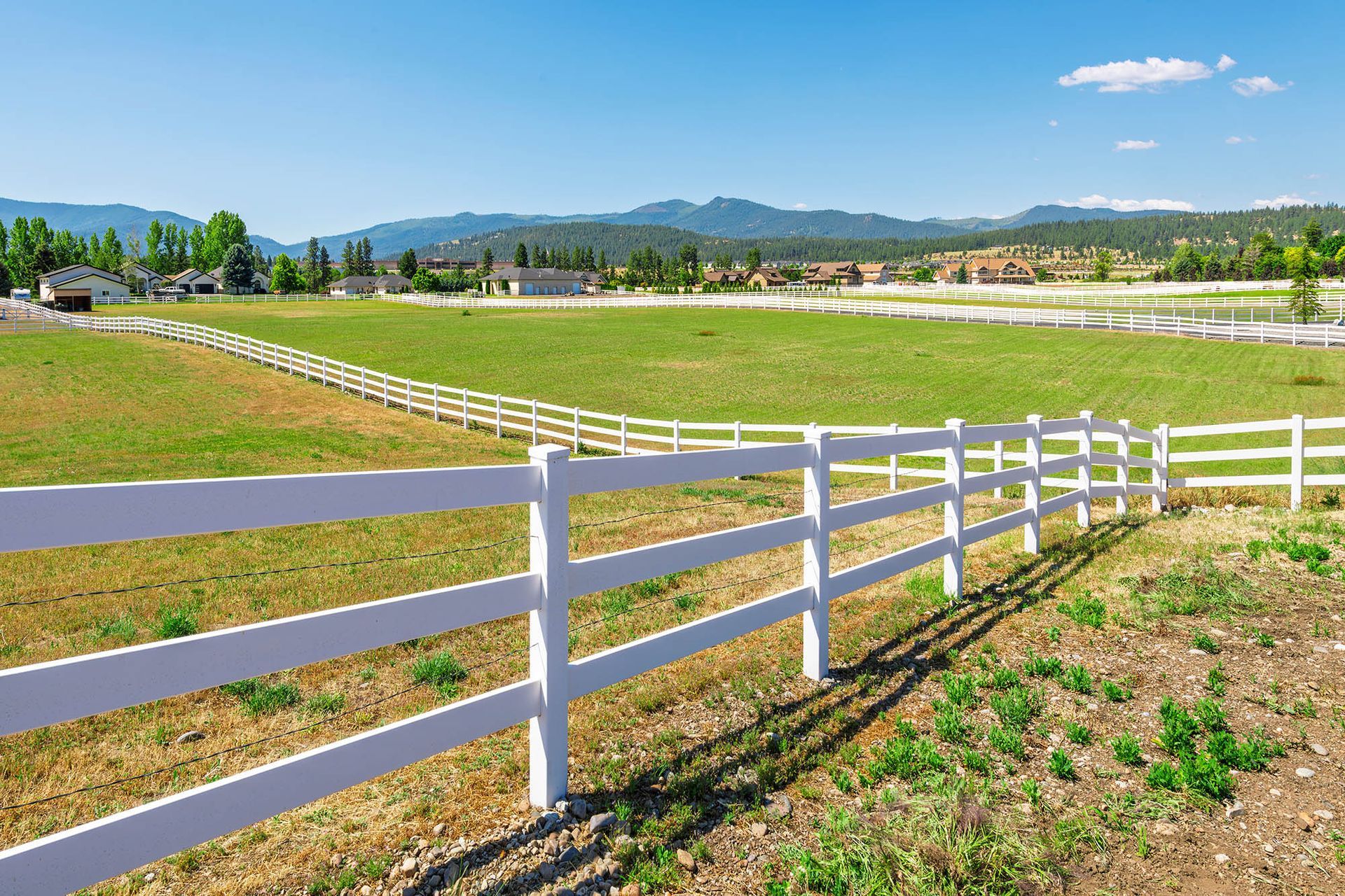 White fence in a sunny green pasture with rolling hills and mountains in the background