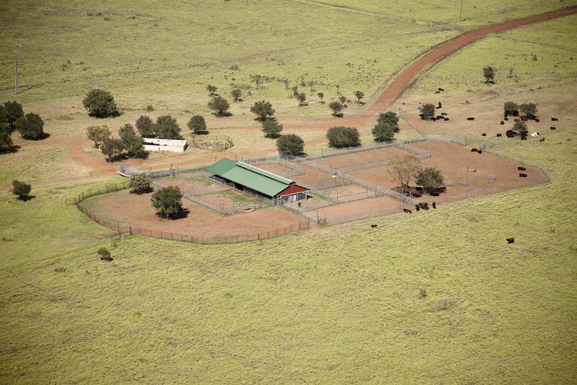 An aerial view of a farm in the middle of a grassy field.