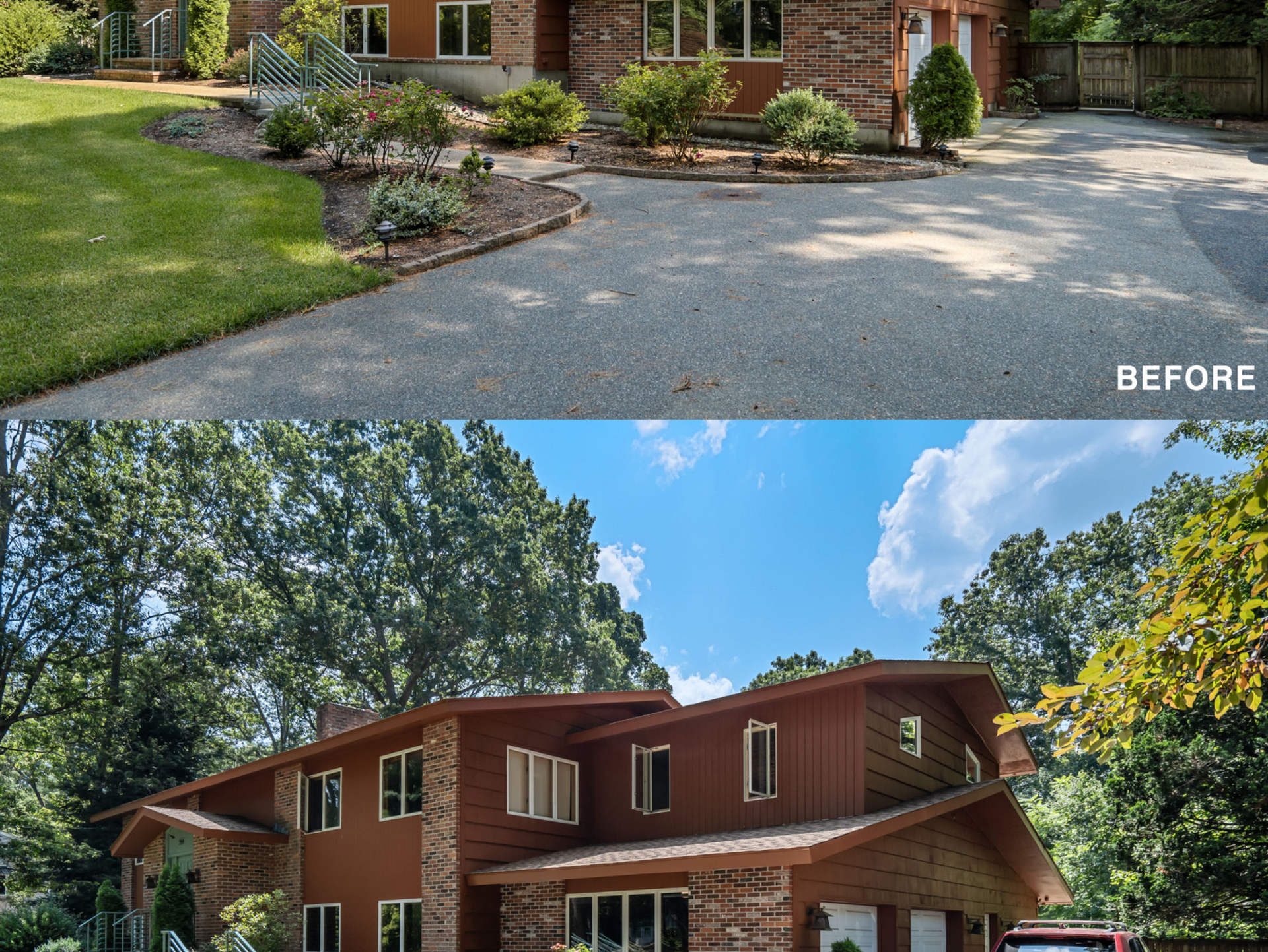 A before and after photo of a brick house