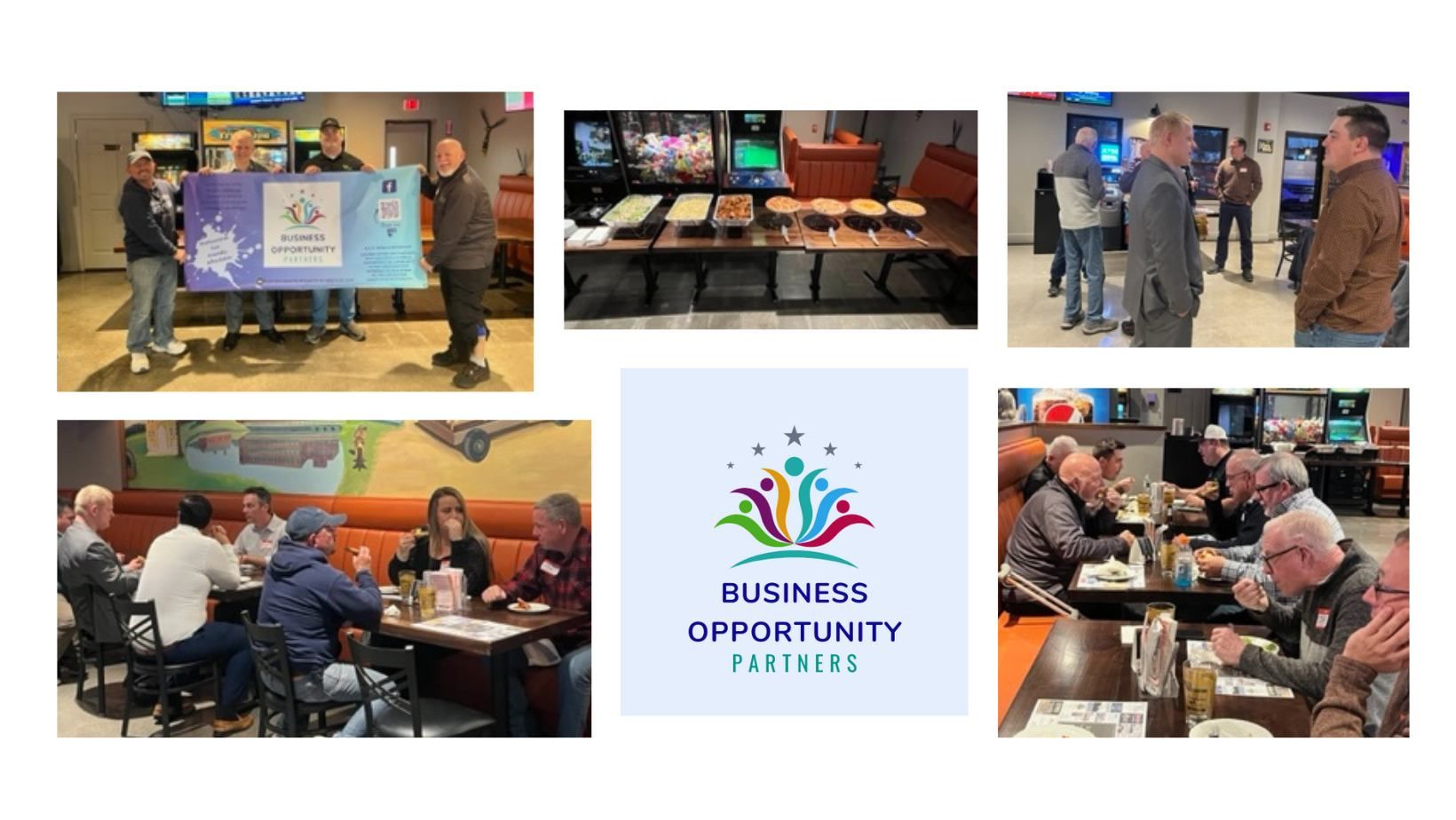 People at a business opportunity meeting in a restaurant/bar. Various shots include a group holding a banner, people eating, and casual conversations.