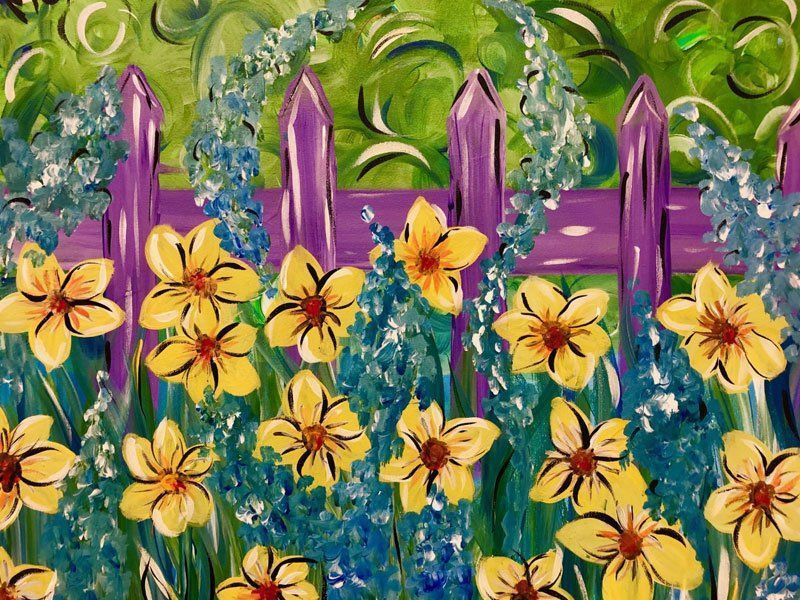 A painting of yellow flowers behind a purple fence.