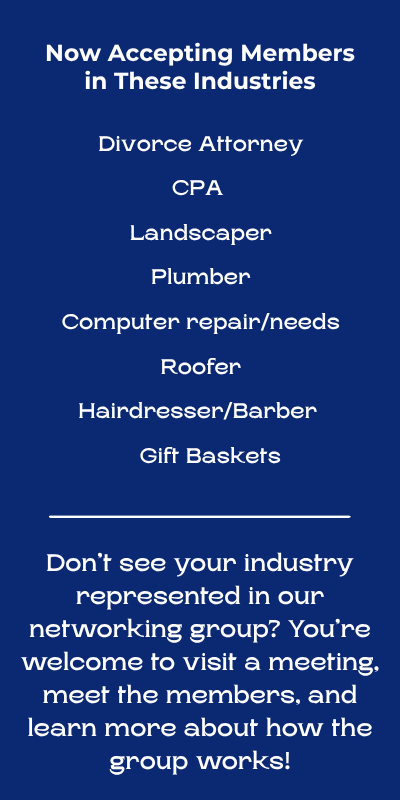 A blue sign that says now accepting members in these industries