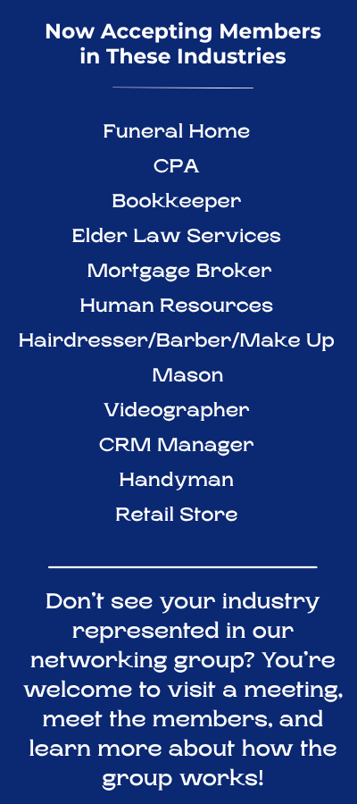 A blue sign that says now accepting members in these industries