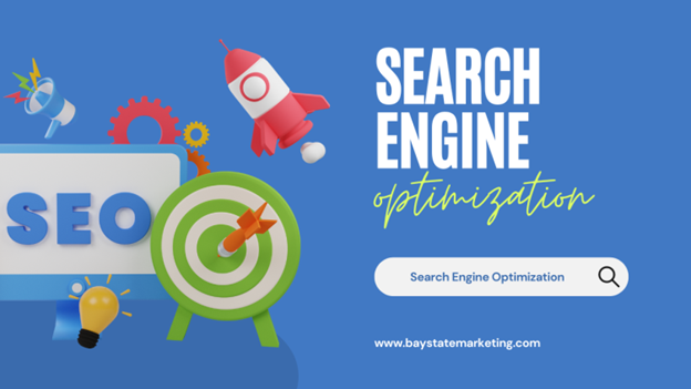 A blue background with the words search engine optimization on it Seo