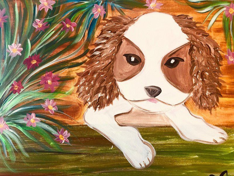A painting of a brown and white dog with flowers in the background