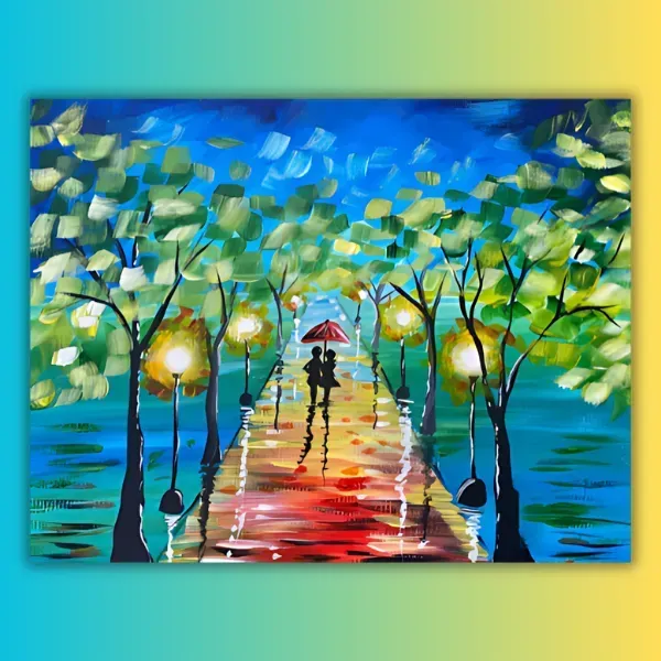 A painting of a couple walking on a pier with an umbrella.