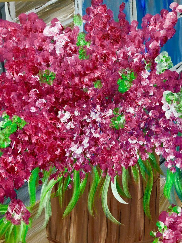 A painting of pink flowers in a wooden vase
