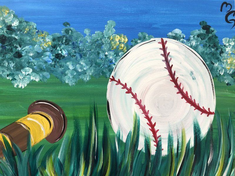 A painting of a baseball and a bat in the grass