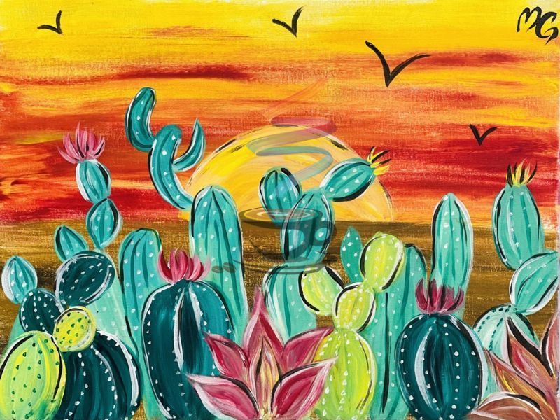 A painting of cactus and flowers with a sunset in the background.