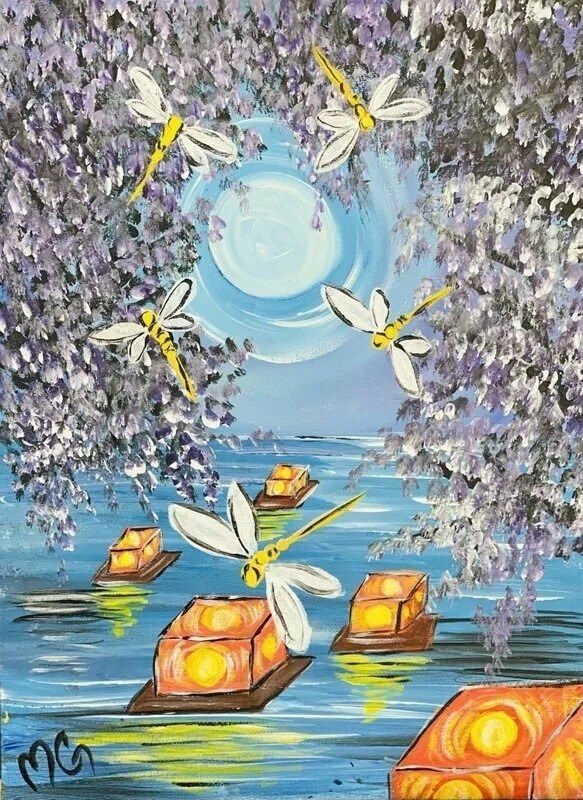 A painting of dragonflies and lanterns in the water