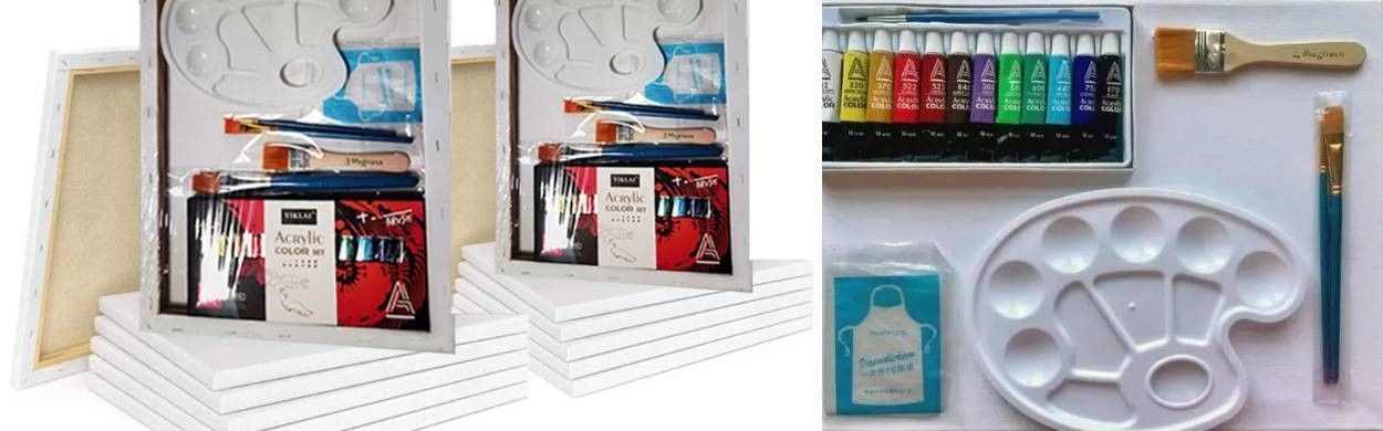 A painting kit with a palette , brushes , paints , and a bottle of milk.