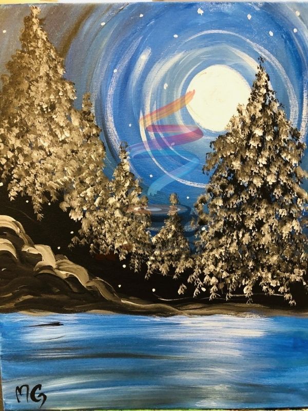 A painting of a lake with trees and a full moon