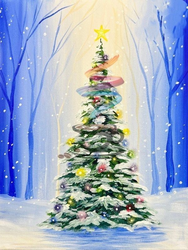 Christmas tree adorned with hats, ornaments, and a star topper in a snowy forest, lit by a soft glow.