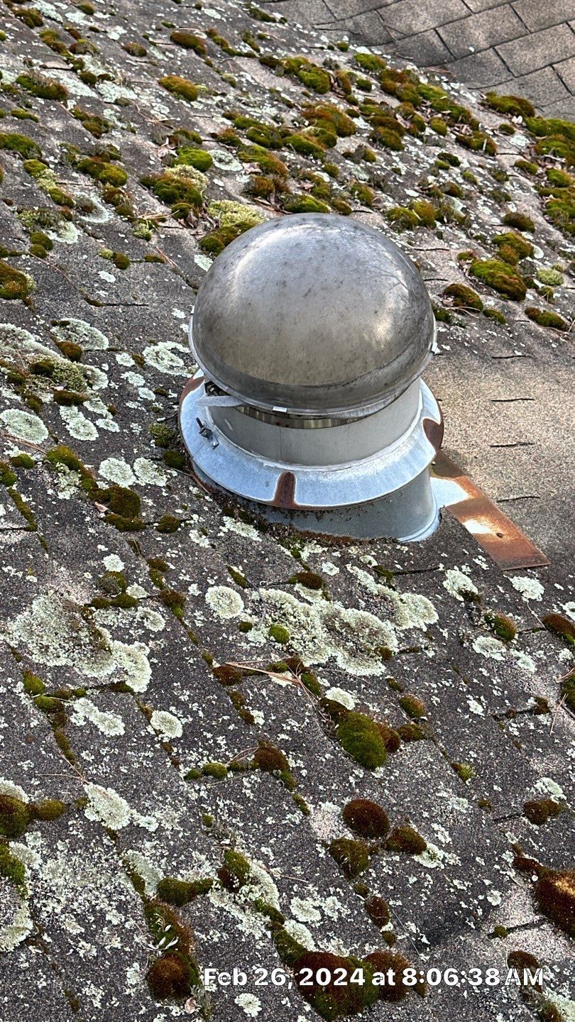 A metallic, spherical roof vent surrounded by moss on a shingled roof. The vent has a rusty base.