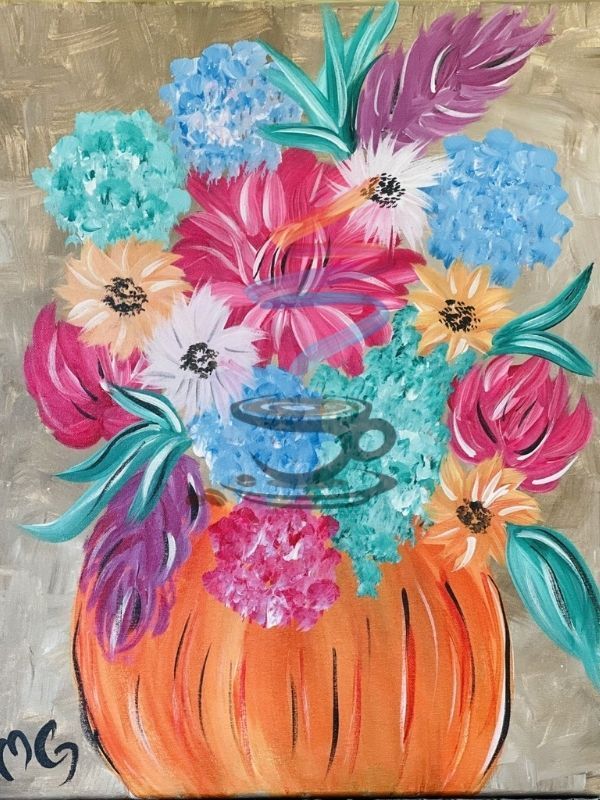 A painting of a pumpkin filled with flowers and a cup of coffee