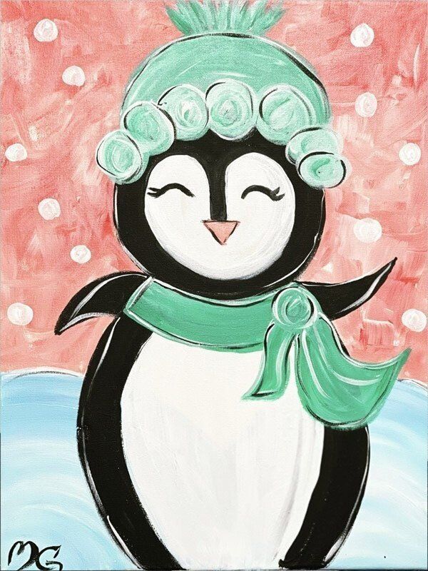 A painting of a penguin wearing a hat and scarf.