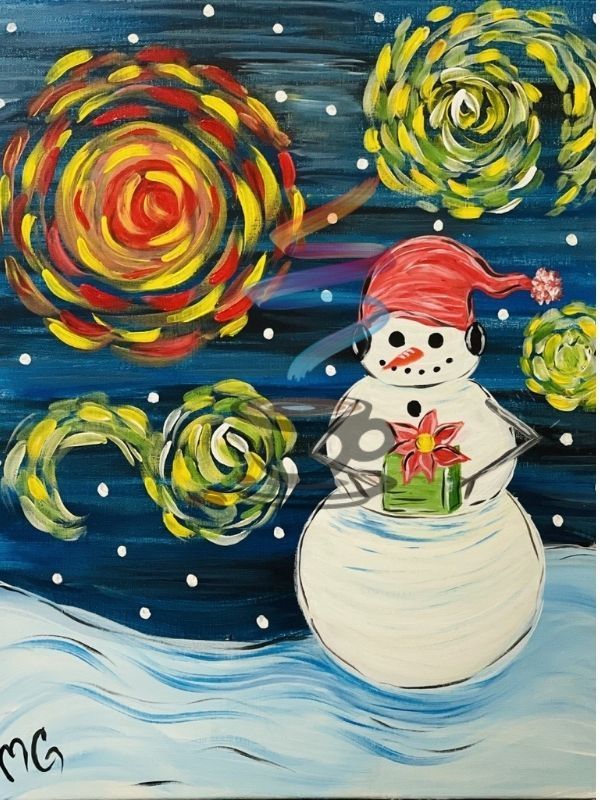 A painting of a snowman wearing a santa hat