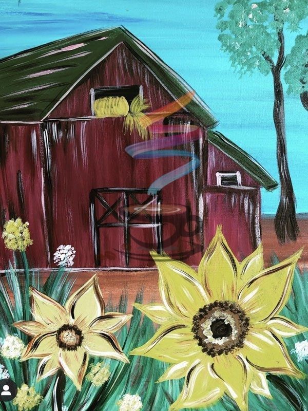 Red barn with green roof, sunflowers in the foreground, blue sky, and tree on the right.