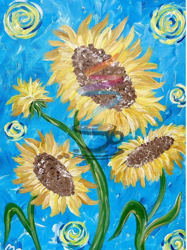 A painting of sunflowers on a blue background