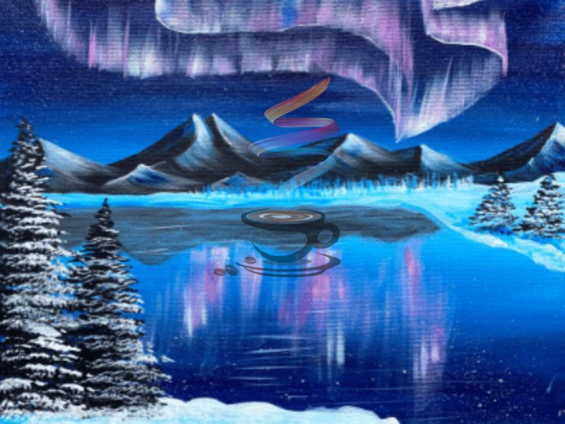 A painting of the aurora borealis over a lake