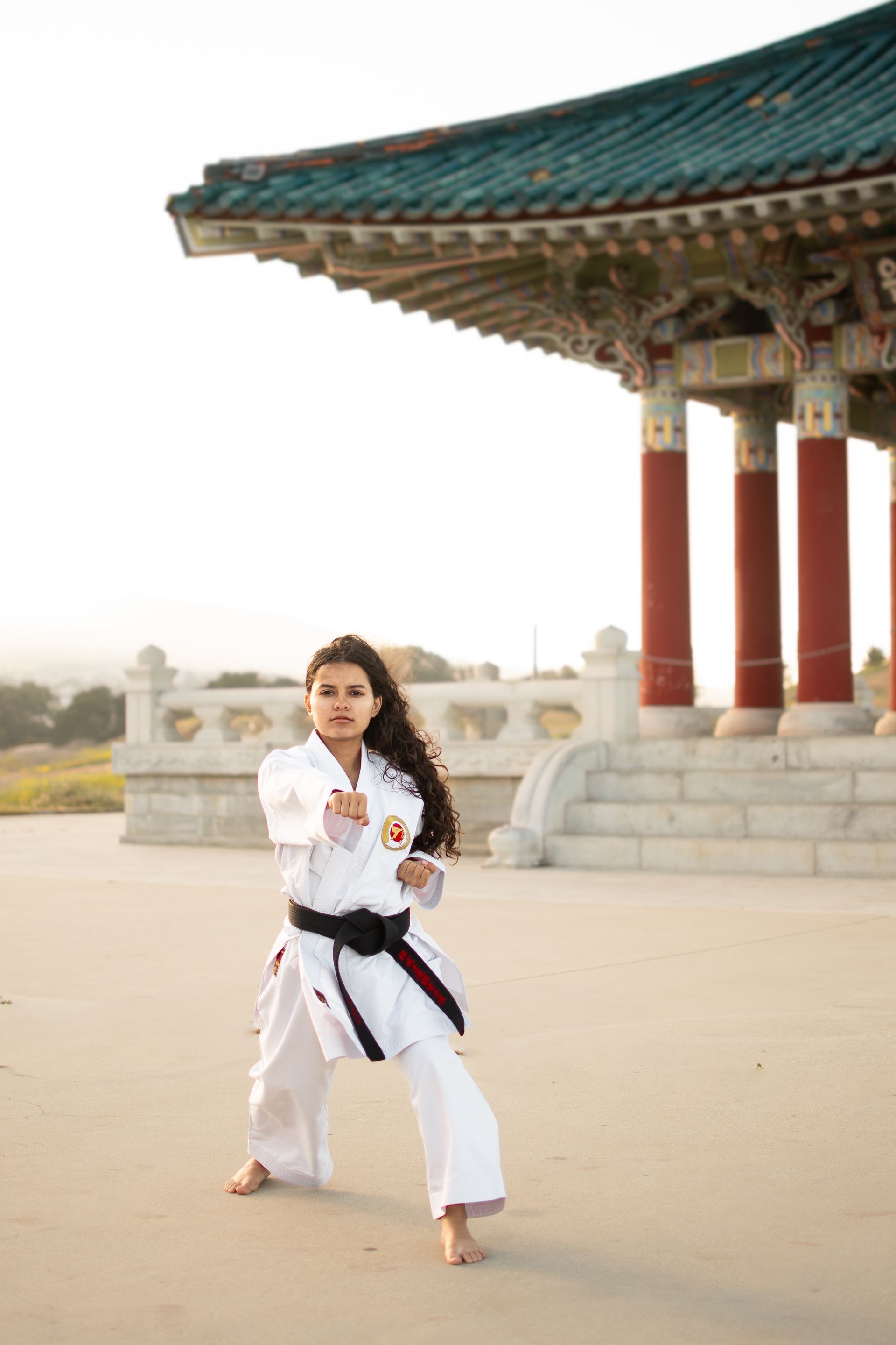 A person in a white karate uniform with a black belt stands in a martial arts stance before a traditional pavilion.