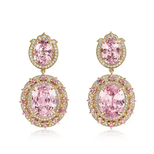 Pink gemstone drop earrings with oval and round halo settings in gold.