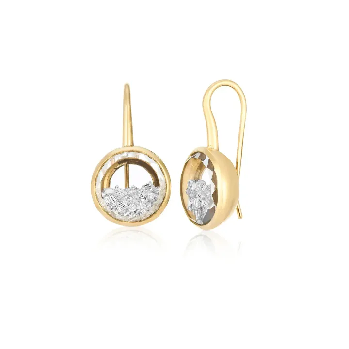 Gold drop earrings with clear stones in round open settings on a white background