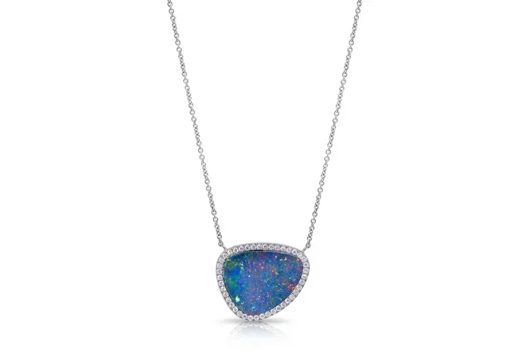 Silver necklace with a blue opal teardrop pendant