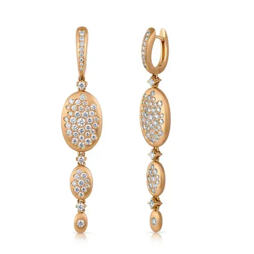 Gold drop earrings with oval and circular diamond-studded settings