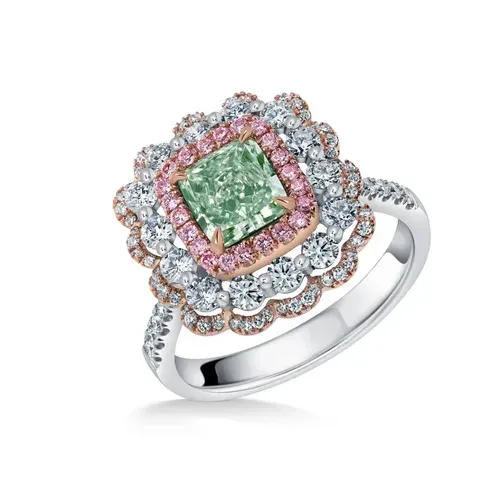Multicolor gemstone cocktail ring with a square green center stone and halo settings on a silver band Multicolor gemstone cocktail ring with a square green center stone and halo settings on a silver band