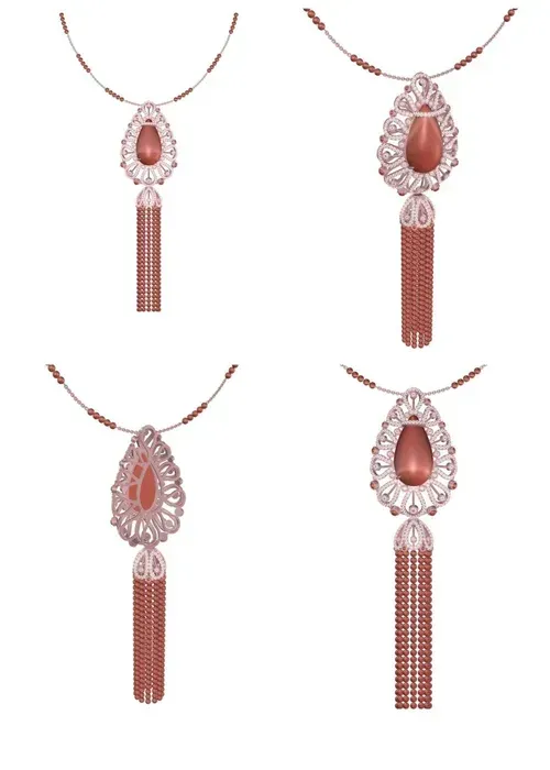 Collage of four rose-gold and crystal pendant necklaces with teardrop designs and tassel chains Collage of four rose-gold and crystal pendant necklaces with teardrop designs and tassel chains