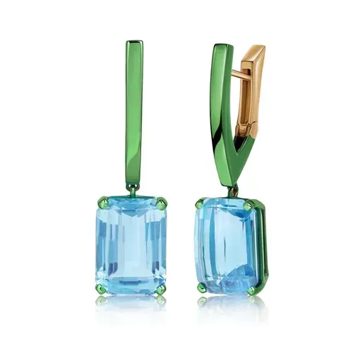 Blue rectangular gemstone drop earrings with green accents on gold hooks