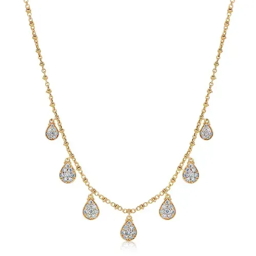 Gold teardrop pendant necklace with multiple diamond-like drops on a white background