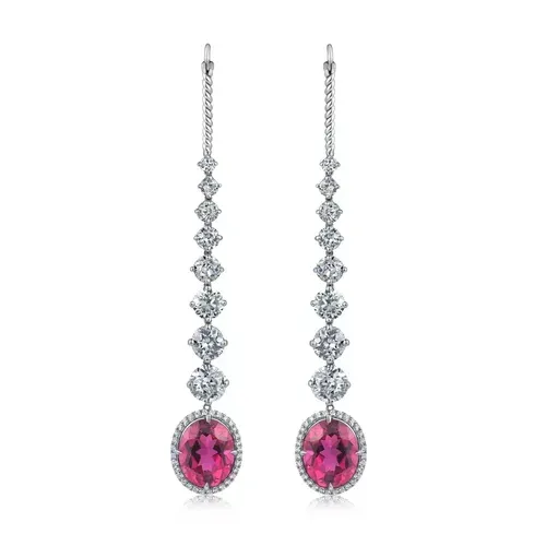 Pair of silver drop earrings with clear stones and oval pink gemstones