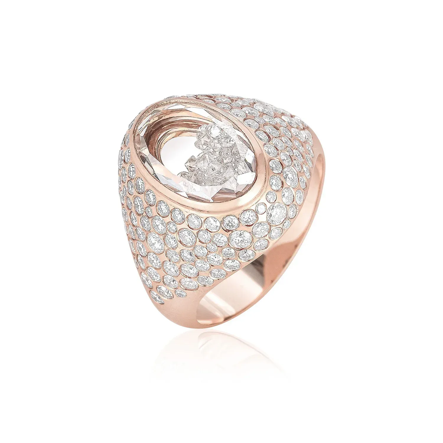 Rose gold ring with a teardrop-cut clear gemstone and pavé diamonds on a white background