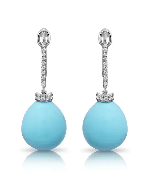 Turquoise teardrop earrings with silver-toned, crystal-studded drop tops