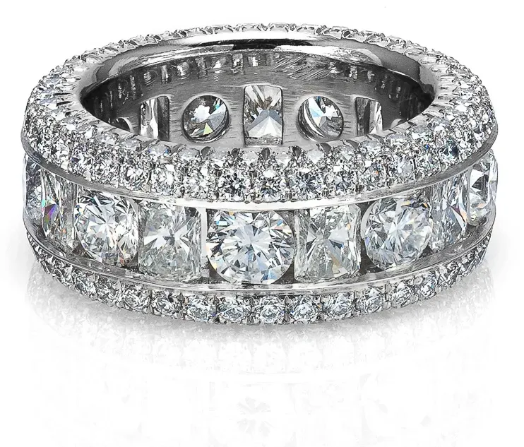 Sparkling diamond eternity ring with large round stones and pavé accents on a white background Sparkling diamond eternity ring with large round stones and pavé accents on a white background