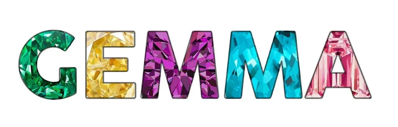 Colorful gemstone-style letters spelling GEMMA on a white background