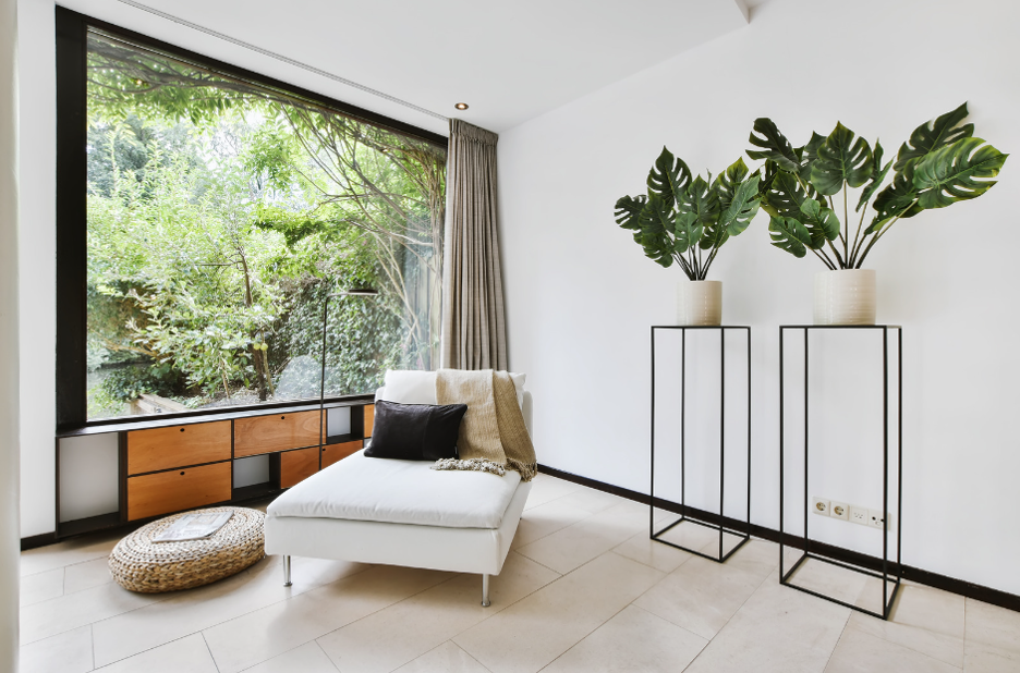 Modern living room with picture windows