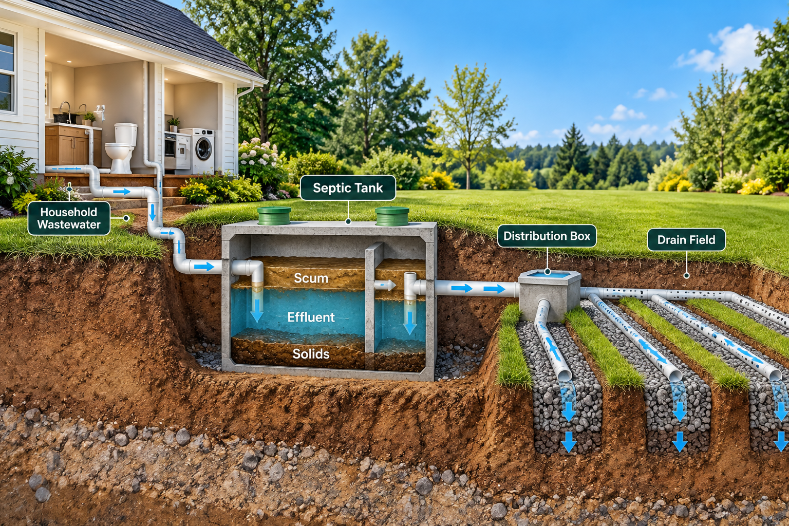 A cutaway diagram showing a residential plumbing system connected to an underground septic tank and leach field.