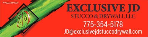 Red promotional banner for Exclusive JD Stucco & Drywall LLC with phone number, logo, and website.