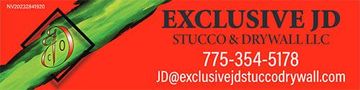 Red promotional banner for Exclusive JD Stucco & Drywall LLC with phone number, logo, and website.