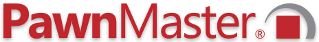 A red and white pawnmaster logo on a white background