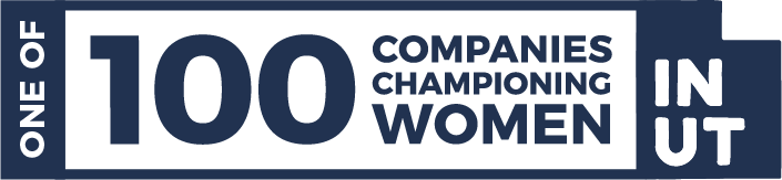 One of 100 Companies Championing Women in UT logo in blue and white